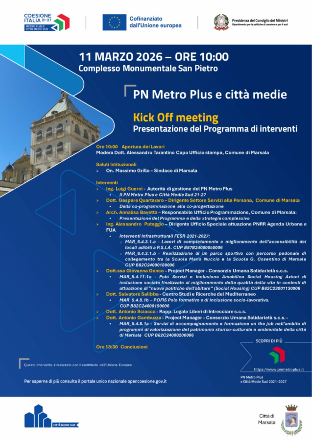 PN Metro Plus a Marsala, presentati gli interventi al Monumento ai Mille e nel quartiere Amabilina